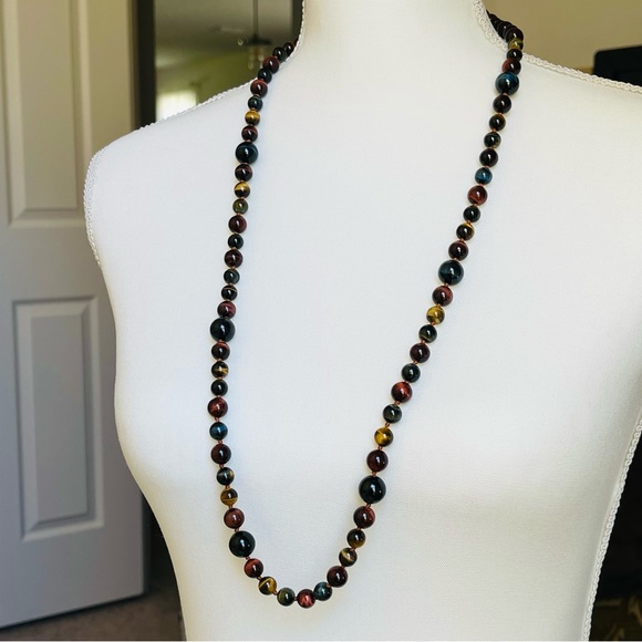 NATURAL TIGERS EYE | Multicolored Gemstones Tigers Eye Round Beaded Necklace 33” - Picture 7 of 15